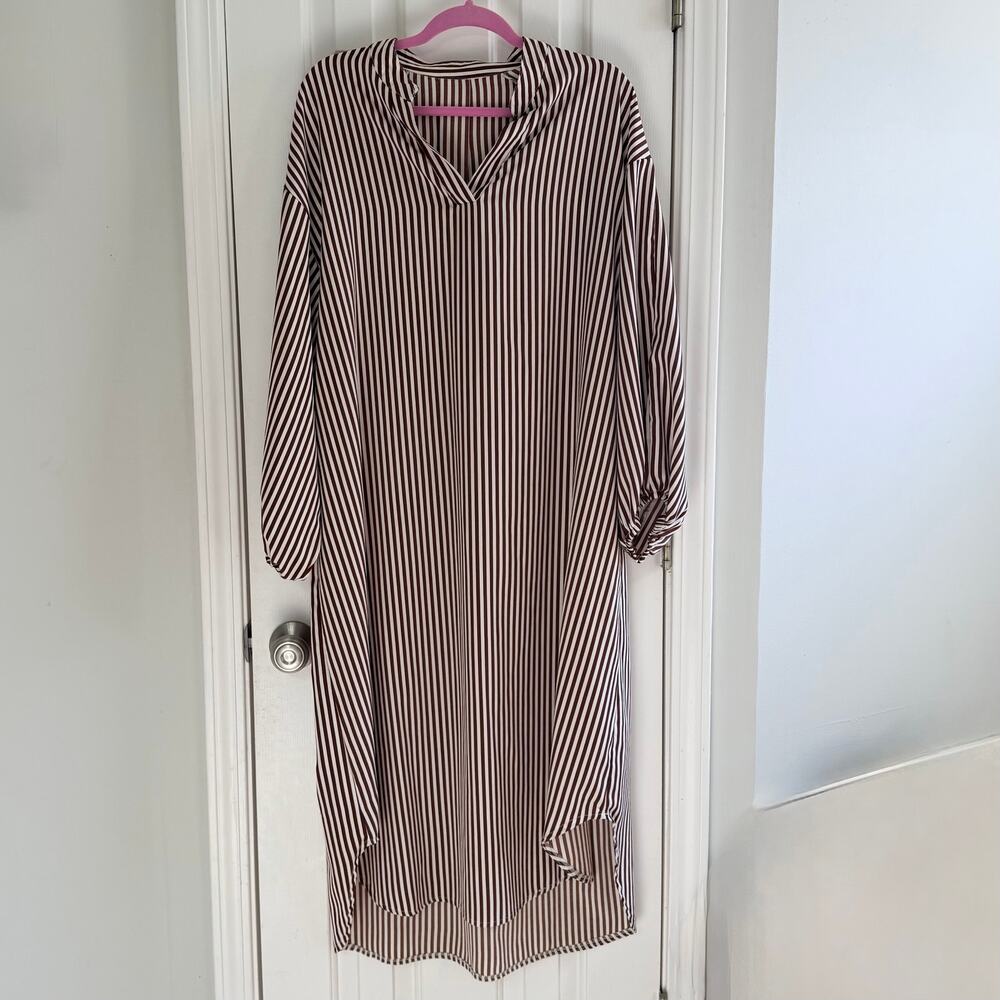 AMAZON • Cream + Mocha Brown Striped Long-sleeve V-neck Poplin Shirt Dress